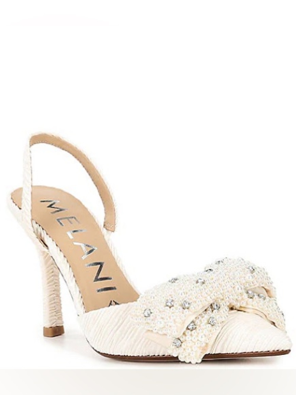NWT Antonio Melani Champagne Pearl Bow Slingback Heels Pointed Toe Size 8 - Picture 2 of 8